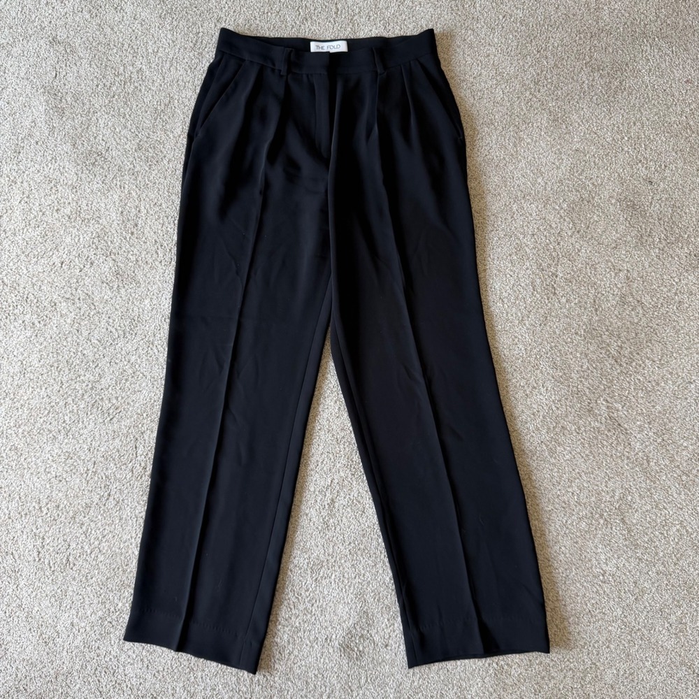 The Fold London Black Pleated High Waisted Straight Leg Trousers Pants Size 10